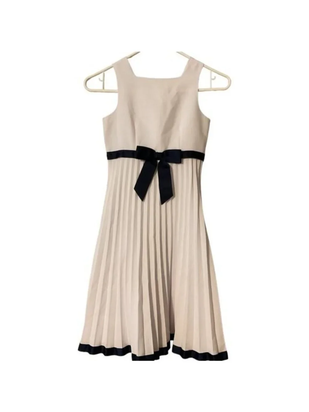 Cream Pleated A Line Dress Navy Bow Accent Coquette Cocktail By Jenny & Me 8